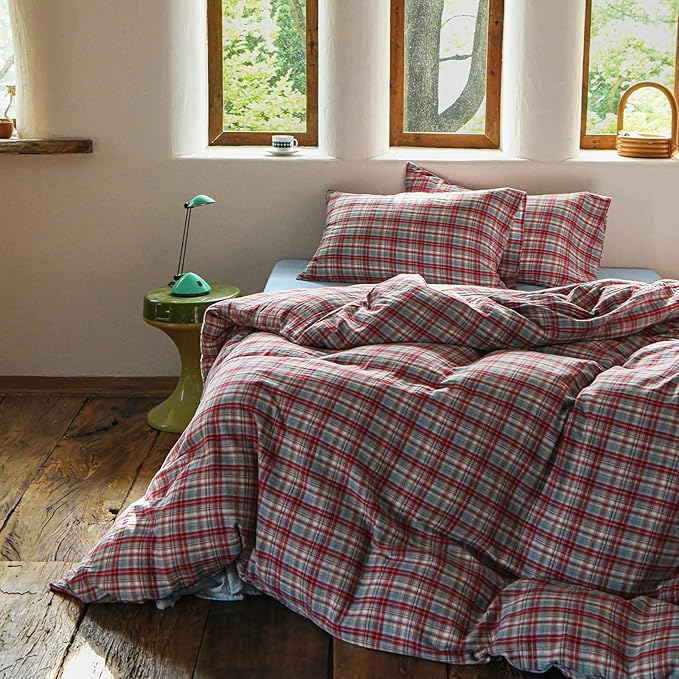 EAVD Vintage Style Red&Blue Gingham Duvet Cover Twin Soft 100% Cotton Muslin Yarn-Dyed Textured Retro Grid Plaid Bedding Set Reversible British-Style Gingham Bedding Set with Zipper Closure