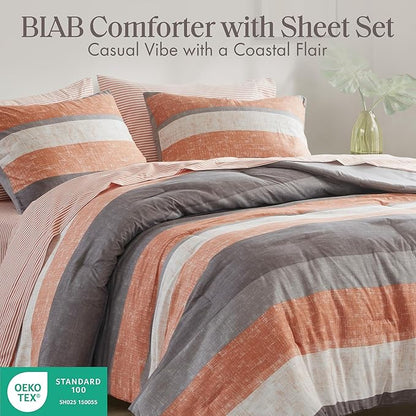 Madison Park Essentials Jaxon Cal King Comforter Set, Bed in A Bag Comforter & Sheet Set, Modern Casual Stripes Print, All Seasons, Soft Bedding Makeover, Matching Sham, Cal King Coral/Grey 7 Piece