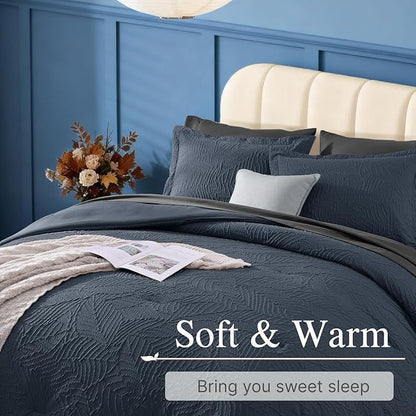 Geniospin Queen Comforter Set - 7 Pieces Blue Gray Textured Queen Bedding Sets with Comforter, Sheets, Pillowcases & Shams, All Season Blue Gray Bedding