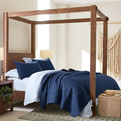HORIMOTE HOME 100% Cotton Quilt Set Queen Size, Navy Blue Pre-Washed 3-Piece Bedspread Coverlet Set, Cozy Lightweight Stitching Bedding Cover with 2 Shams in Geometric Pattern for All Season