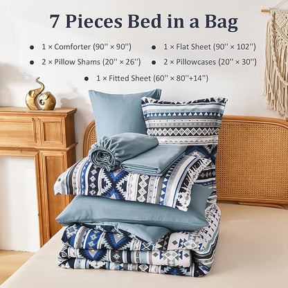 Dinjoy Navy Boho Comforter Set Queen Size,7 Pieces Bed in a Bag Queen Dark Blue Aztec Bedding with Sheets Bohemian Geometric Striped Complete Set for Fall Winter 90"x90"