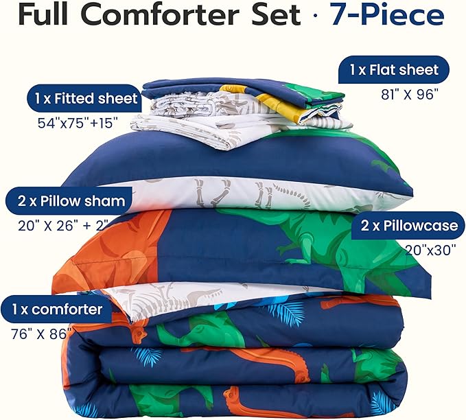 Joiedomi Kid Full Comforter Set 7 Piece Dinosaur Bedding Set for Boys Girls Super Soft Microfiber Bed in a Bag with Comforter Sheets Pillowcase Sham