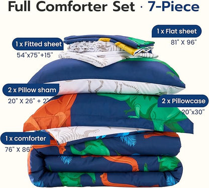 Joiedomi Kid Full Comforter Set 7 Piece Dinosaur Bedding Set for Boys Girls Super Soft Microfiber Bed in a Bag with Comforter Sheets Pillowcase Sham