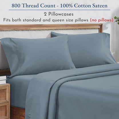 Heirloom Soft, Smooth & Thick Certified 800 Thread Count 100% Cotton Sateen, 2 Pillow Cases Standard Size Fits Standard & Queen Size Pillows (Blue)