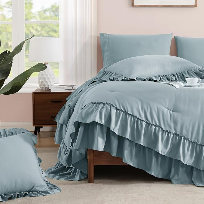 King Size Comforter Set Dusty Blue, Ruffle Shabby Chic Bedding Set Farmhouse 7 Pieces, All Season Fluffy Bed in a Bag with Sheets, Pillowcases & Shams