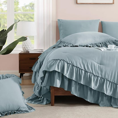 Full Comforter Set Dusty Blue, Ruffle Shabby Chic Bedding Set Farmhouse 7 Pieces, All Season Fluffy Bed in a Bag with Sheets, Pillowcases & Shams