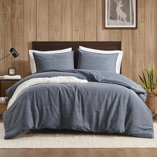 Woolrich Queen Duvet Cover Set Cotton Stone Washed, Oversized Duvet Cover for Queen Size Bed, All Season Soft Queen Size Bedding Cover, McKenzie, Full/Queen Blue 3 Piece