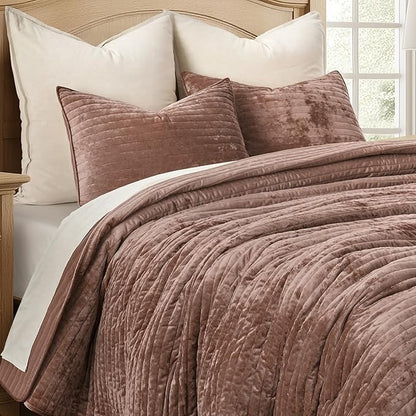 EVERGRACE Velvet Quilt Set King Size, Luxurious Soft Striped Channel Bedding Set, Lightweight Velvet Comforter for All Season, Oversized Bedspread Coverlet with 2 Matching Shams, Terracotta Clay