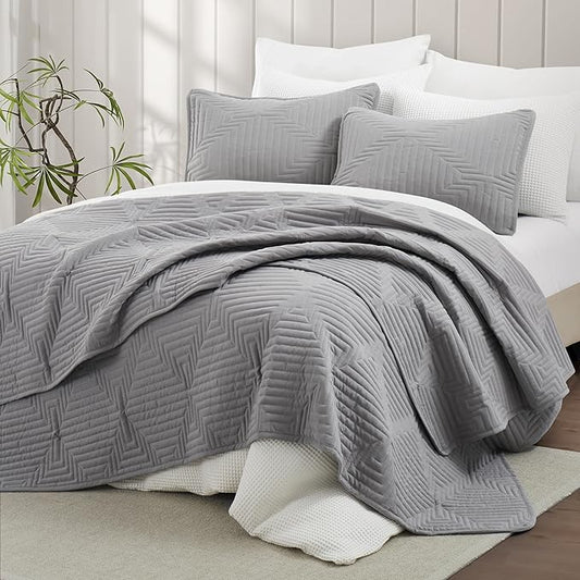 Oli Anderson Twin Quilt Set, Grey Lightweight Soft Bedspread Coverlet, Basket Weave Pattern Bedding, 2PCS Modern Geometric Stitching Textured Comforter Sets (1 Quilt and 1 Pillow Sham)