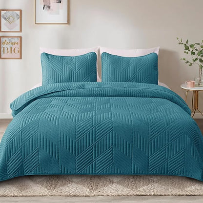 Exclusivo Mezcla Ultrasonic Twin Quilt Bedding Set, Lightweight Teal Bedspreads Soft Modern Geometric Coverlet Set for All Seasons (1 Quilt and 1 Pillow Sham)