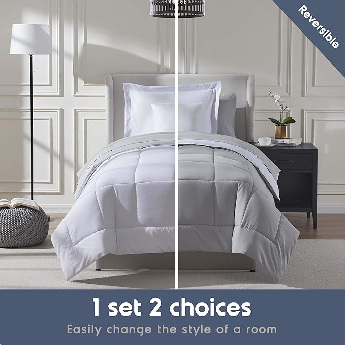 Nestl 5 Piece Twin XL Comforter Set – White Reversible Bed in a Bag – Complete Twin XL Size Bedding Set with Sheets, Pillowcase and Sham