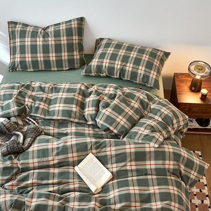 EAVD Vintage Green Buffalo Plaid Comforter Set Twin XL Soft 100% Washed Cotton Retro Green&Red Grid Checkered Bedding Set with 2 Pillowcases Farmhouse Gingham Comforter Set for All-Season
