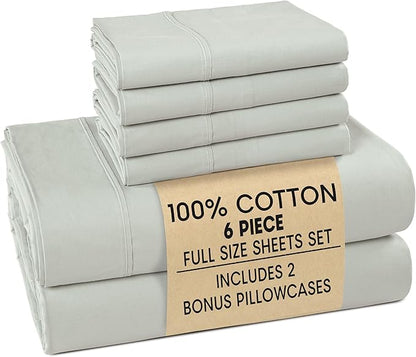 Casa Platino Full Percale Sheet Set– 6 Piece 100% Cotton Sheet Set Full, with 15” Deep Pocket Fitted Sheet, Crisp Weave for Cool Cozy Sleep, Soft & Breathable, Everyday Essential Sheets – Silver