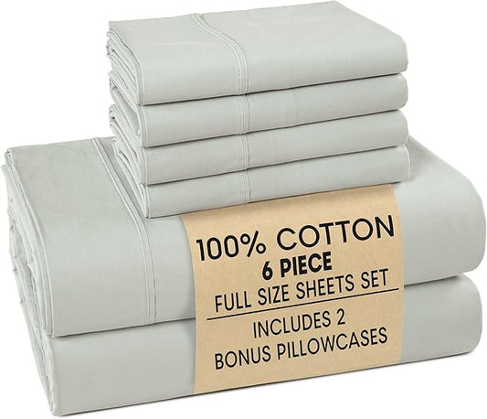 Casa Platino Full Percale Sheet Set– 6 Piece 100% Cotton Sheet Set Full, with 15” Deep Pocket Fitted Sheet, Crisp Weave for Cool Cozy Sleep, Soft & Breathable, Everyday Essential Sheets – Silver
