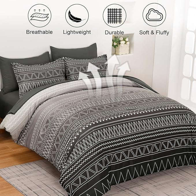 WONGS BEDDING Black Grey Boho Comforter Set King Size 7 Piece Stripe Gradient Bed Set Bed in a Bag Bedding Set for All Seasons Reversible Soft Microfiber Comforter with Sheets, Pillowcases & Shams