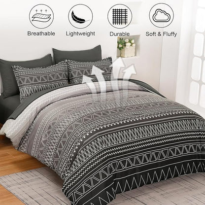 WONGS BEDDING Black Grey Boho Comforter Set King Size 7 Piece Stripe Gradient Bed Set Bed in a Bag Bedding Set for All Seasons Reversible Soft Microfiber Comforter with Sheets, Pillowcases & Shams
