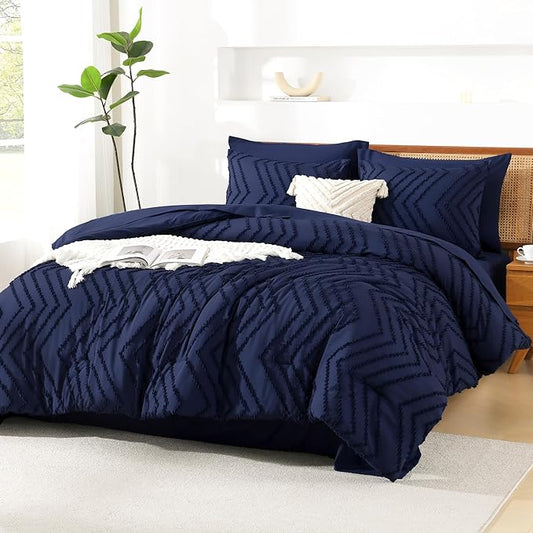 Litanika Oversized King Size Comforter Set with Sheets Navy Blue - 7 Pieces Bed in a Bag Oversized King Boho Tufted Complete Bedding Sets with Comforter, Sheets, Pillowcases & Shams
