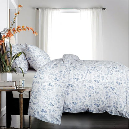 Floral Comforters Full Size 3 Pieces Soft Chic Garden Style Blue Flower Print Lightweight Botanical Comforter Set for All Seasons 1 Comforter and 2 Pillowcases