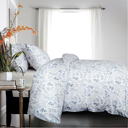 Floral Comforters Full Size 3 Pieces Soft Chic Garden Style Blue Flower Print Lightweight Botanical Comforter Set for All Seasons 1 Comforter and 2 Pillowcases