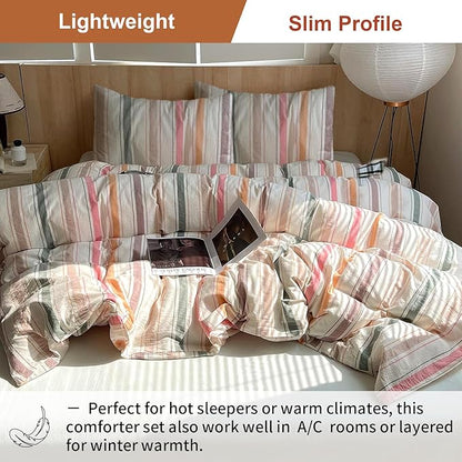 EAVD Retro Striped Comforter Set King Soft 100% Washed Cotton 3-Piece Colorful Striped Bedding Set with 2 Pillowcases Vintage Multicolor Geometric Pattern Comforter Set for All-Season