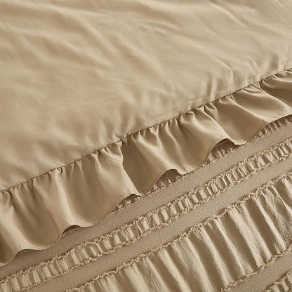 WONGS BEDDING Khaki Comforter Set Queen,3 Pieces Ruffle Farmhouse Shabby Chic Comforter for Queen Bed,Soft Seersucker Textured Boho Bedding Set with 1 Ruffle Comforter,2 Tufted Pillowcases 90"×90"