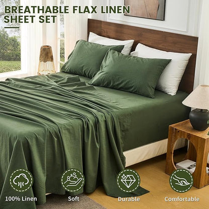 Bedlifes 100% French Flax Linen Sheets Set California King Size-6 Piece Extra Deep Pocket 18-24",Soft Breathable Cal King Bed Sheets with Temperature Regulating & Moisture-Wicking(Forest Green