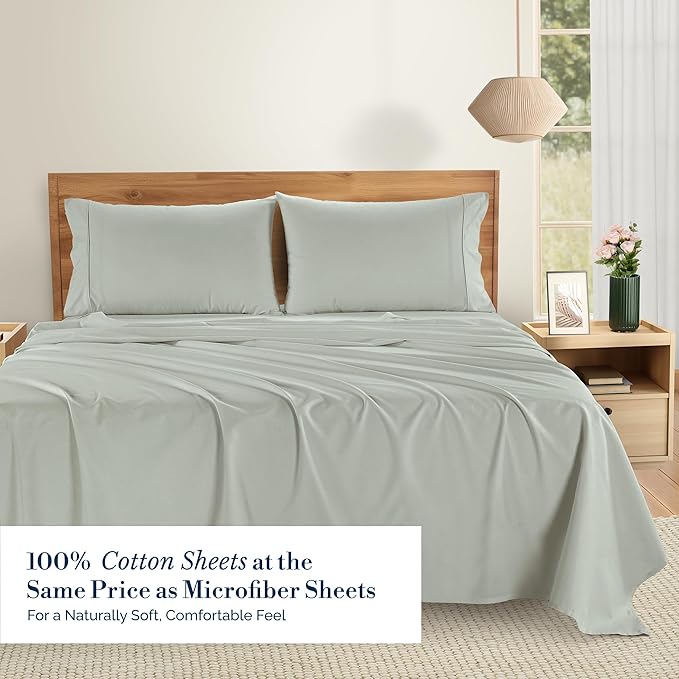Casa Platino Twin XL Percale Sheet Set– 4 Piece 100% Cotton Sheet Set Twin XL, with 15” Deep Pocket Fitted Sheet, Crisp Weave for Cool Cozy Sleep, Soft & Breathable, Everyday Sheets – Silver