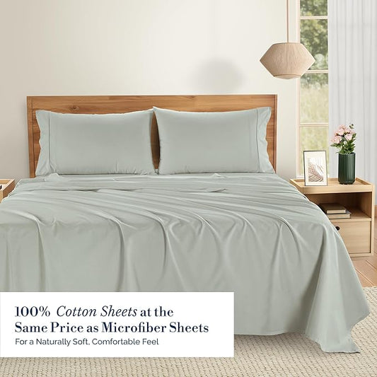 Casa Platino Twin XL Percale Sheet Set– 4 Piece 100% Cotton Sheet Set Twin XL, with 15” Deep Pocket Fitted Sheet, Crisp Weave for Cool Cozy Sleep, Soft & Breathable, Everyday Sheets – Silver