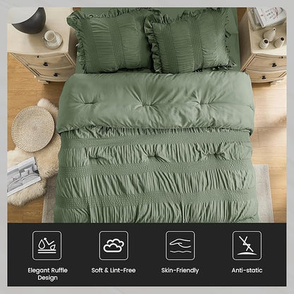 QUIETSEA Full Comforter Set Seersucker 7 Pieces Luxury Ruffle Bed in a Bag Full Size for All Season Green Bedding Set with Comforter, Pillowcases, Flat Sheet, Fitted Sheet and Pillow Shams