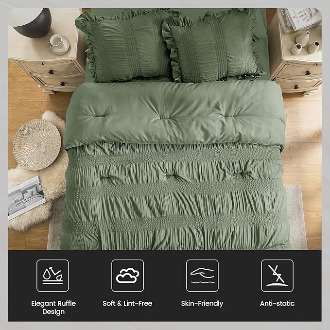 QUIETSEA Twin Comforter Set Seersucker 5 Pieces Luxury Ruffle Bed in a Bag Twin Size for All Season Green Bedding Set with Comforter, Pillowcase, Flat Sheet, Fitted Sheet and Pillow Sham