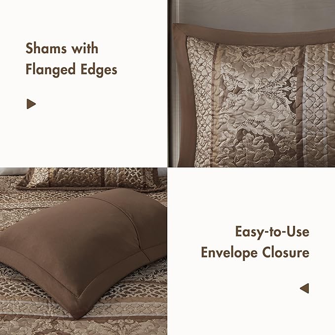 Madison Park Bellagio Reversible Quilted Bedspread Set, Solid Reverse Summer Breathable, Lightweight All Season Bedding Layer, Matching Shams, Bedspread Queen(102"x118"), Brown 5 Piece