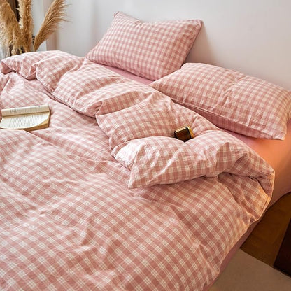 EAVD Vintage Style Gingham Plaid Duvet Cover King Pink White Soft 100% Washed Cotton Chic Warm Checkered Bedding Set with 2 Pillowcases Farmhouse Grid Gingham Duvet Cover with Zipper Closure
