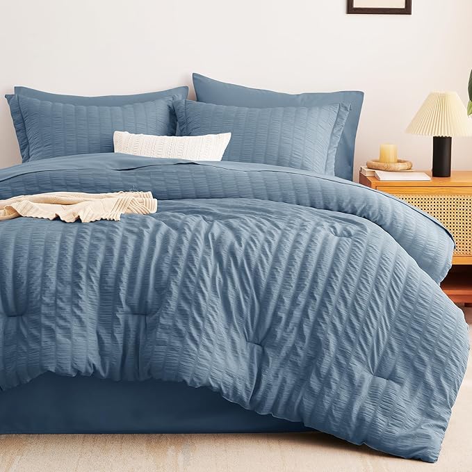 CozyLux King Size Comforter Set Grayish Blue Seersucker 7 Pieces Bed in a Bag King Comforter Set with Sheets, Dusty Blue Luxury Bedding Set with Down Alternative Comforter, Sheets, Pillowcases & Shams