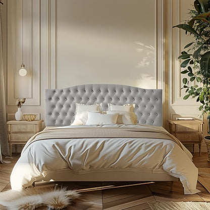 Furpopup Velvet King Size Headboard Only Upholstered Wall Mount Silver Gray | 2 ways to use:Wall-mounted (for adjustable bed) and bed frame mounted, Easy to assemble, Classic button design headboard