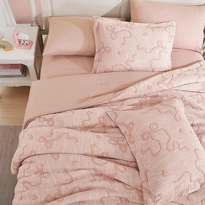 Geniospin Orange Pink Full Comforter Set for Girls- 7 Pieces Bowknot Jacquard Bed in A Bag Full Bedding Sets with Sheets, Pillowcases & Shams, All Season Kids Comforter Set