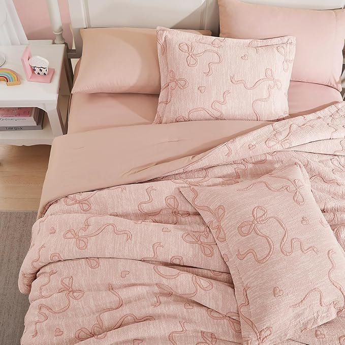 Geniospin Orange Pink Twin Comforter Set for Girls- 5 Pieces Bowknot Jacquard Bed in A Bag Twin Bedding Sets with Sheets, Pillowcases & Shams, All Season Kids Comforter Set