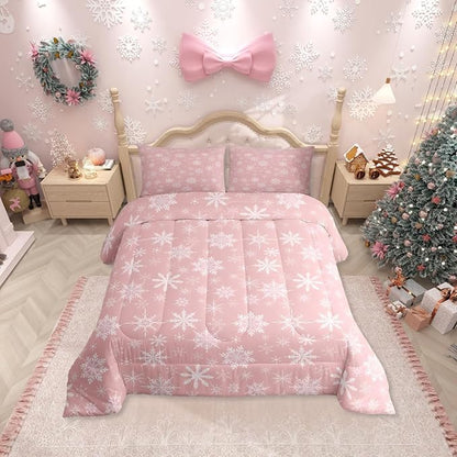 Erosebridal Pink Christmas Comforter Set King Girly Romantic Snowflake Duvet Insert Princess Winter Quilt Girls Modern Style Bedding Set Bedroom Decor Pink Floral Bedding Set & 2 Pillowcases