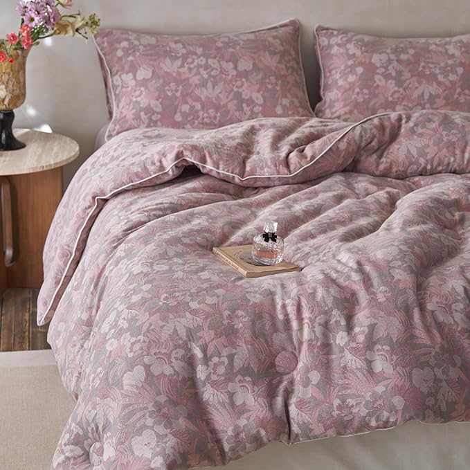 HighBuy Twin XL Comforter Set Pink Floral Bedding Comforters Luxury Soft Muslin Cotton 3 Pieces Lightweight Fluffy Floral Bedding Comforter Set All Season Women Girls Gift Choice