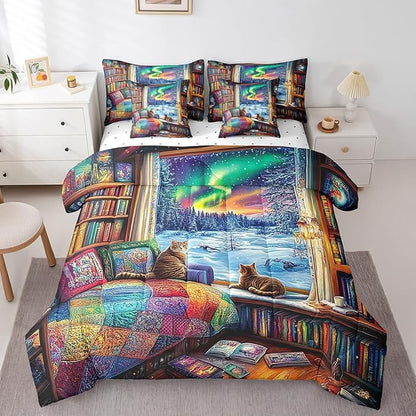 Castle Fairy Farmhouse Style King Comforter Set with Sheets Bed in a Bag 7 Pcs,Kawaii Cat Winter Bed Set,Rainbow Galaxy Sky Bedding Sets with Comforter,Flat,Fitted Sheet,Pillowcases,Pillow Covers