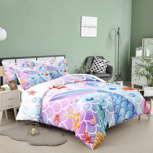 NINENINE Mermaid Comforter Sets,Twin Bedding Sets for Girls,Kids Comforter Sets for Girls, Twin Bedding with 1 Comforter 1Pillowcase