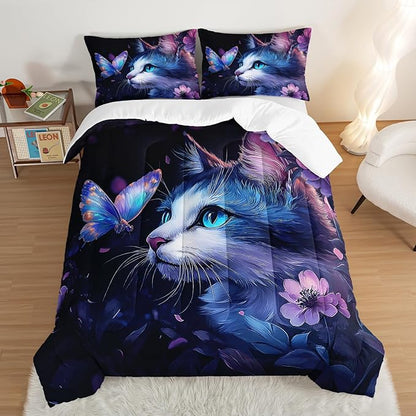 Kids Cat Comforter Set King Size,Fantasy Cats Butterfly Flowers Bedding Set for Kids Girls Kawaii Room Decor,Cute Little Animal Themed Toddler Bedding Set with 2 Pillowcases.