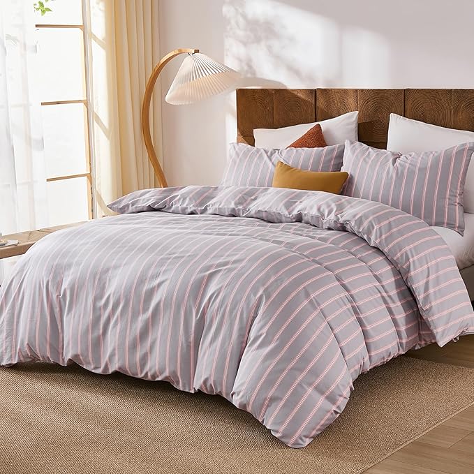 Merryword 100% Cotton Duvet Cover Set Queen Size - Gray and Pink Striped Bedding Set with Zipper & Corner Ties, 3-Piece Luxury Linen Like Bedding Set for All Seasons