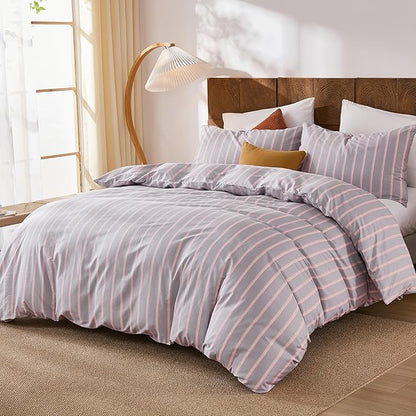 Merryword 100% Cotton Duvet Cover Set King Size - Gray and Pink Striped Bedding Set with Zipper & Corner Ties, 3-Piece Luxury Linen Like Bedding Set for All Seasons