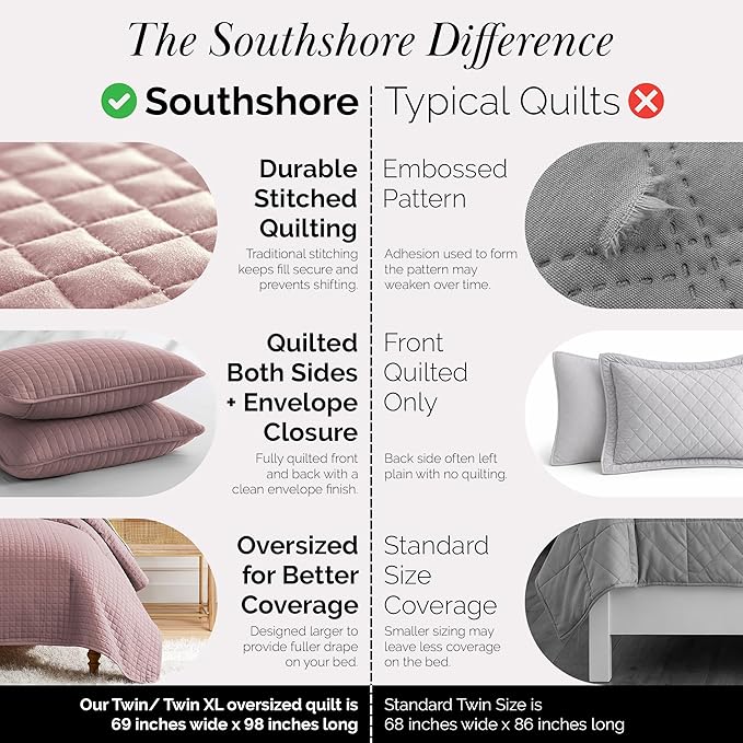 Southshore Fine Living, Inc. Twin Quilt Bedding Set, Soft Brushed Microfiber Quilt, Twin Coverlet Bedspread, Wrinkle & Pet Hair Resistant Bedding, Easy Care, with 1 Pillow Sham, Lavender