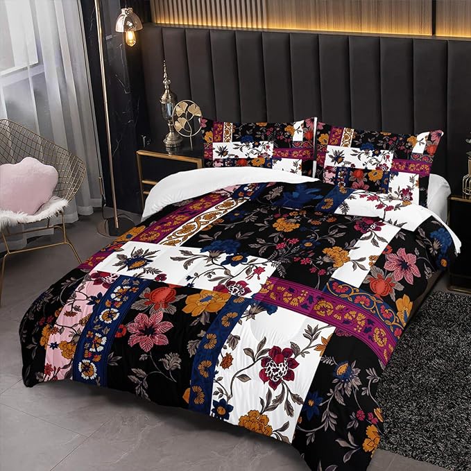 Boho Floral Comforter Set King Size Checkered Flower Bedding Sets 3PCS for Kids Teen Adult Retro Flowers Room Decor Ultra-Soft Lightweight Microfiber 1 Comforter with 2 Pillowcases