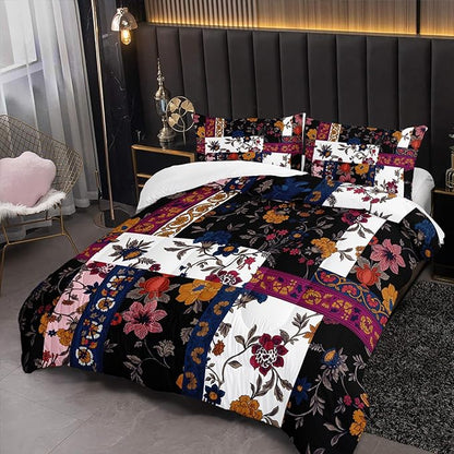 Boho Floral Comforter Set Twin Size Checkered Flower Bedding Sets 3PCS for Kids Teen Adult Retro Flowers Room Decor Ultra-Soft Lightweight Microfiber 1 Comforter with 2 Pillowcases