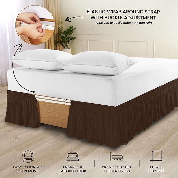 Wrap Around Ruffle Queen Size Bed Skirt – Adjustable Buckle & Elastic Belt for Easy Installation, 16 Inch Drop – Brushed Microfiber - Machine Washable, Fade and Wrinkle Resistant, Brown