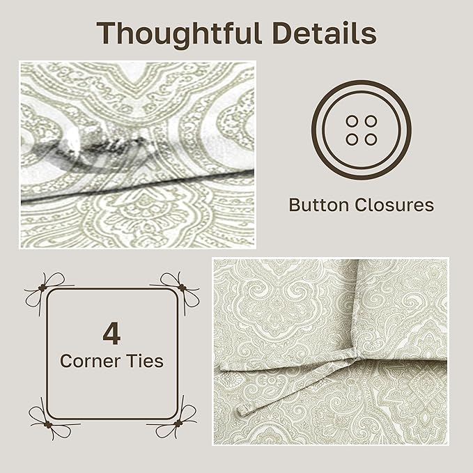 California Design Den 100% Cotton Duvet Cover Queen/Full Only - Premium 400 Thread Count Sateen, Comforter Cover Queen Size, Beige Duvet Cover with Button Closure and Corner Ties (Paisley Beige)