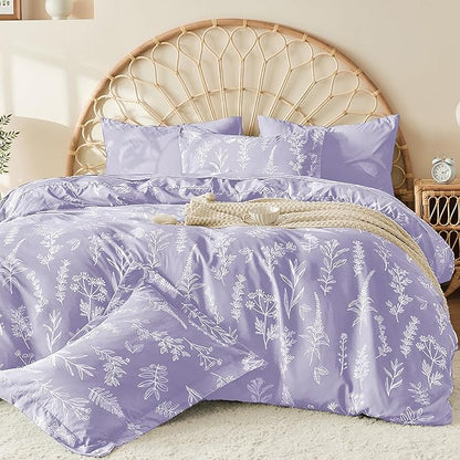 MUXHOMO Duvet Cover Full Size, Reversible Floral Lavender Duvet Cover Set with Zipper Closure, 3 Pieces Botanical Patterns Soft Microfiber Bedding Set with 4 Ties (80"x90", 2 Pillow Cases)