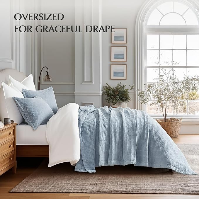 EVERGRACEHOME Stonewashed Cotton Quilt Set Queen Size, Ultra Soft Oversized Bedspread Coverlet Set, Lightweight Crinkle Box Stitch Bedding Sets for All Season, with 2 Matching Shams, Blue Linen